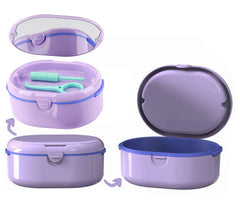 Purple MURRI&MURRDI retainer case with denture bath box and strainer basket – front view