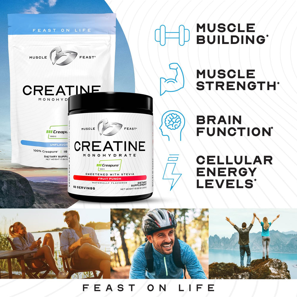 Muscle Feast Creapure powder bottle offering 60 servings for extended training.