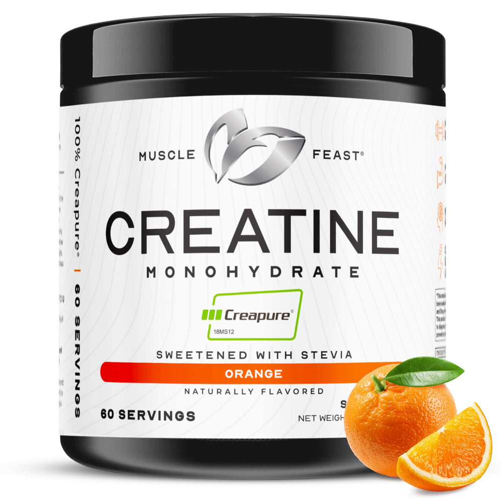 Muscle Feast Creapure Creatine powder packaging shows pure formula for workouts