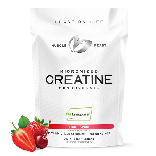 Front view of Muscle Feast Creapure Fruit Punch Creatine Powder in 250g packaging