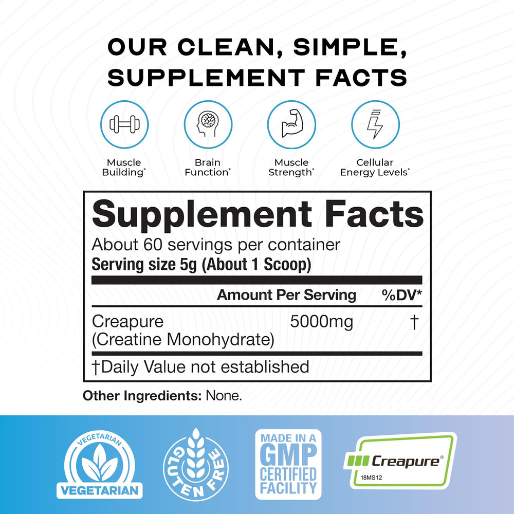 Muscle Feast Creapure measuring scoop showing 5 g servings.