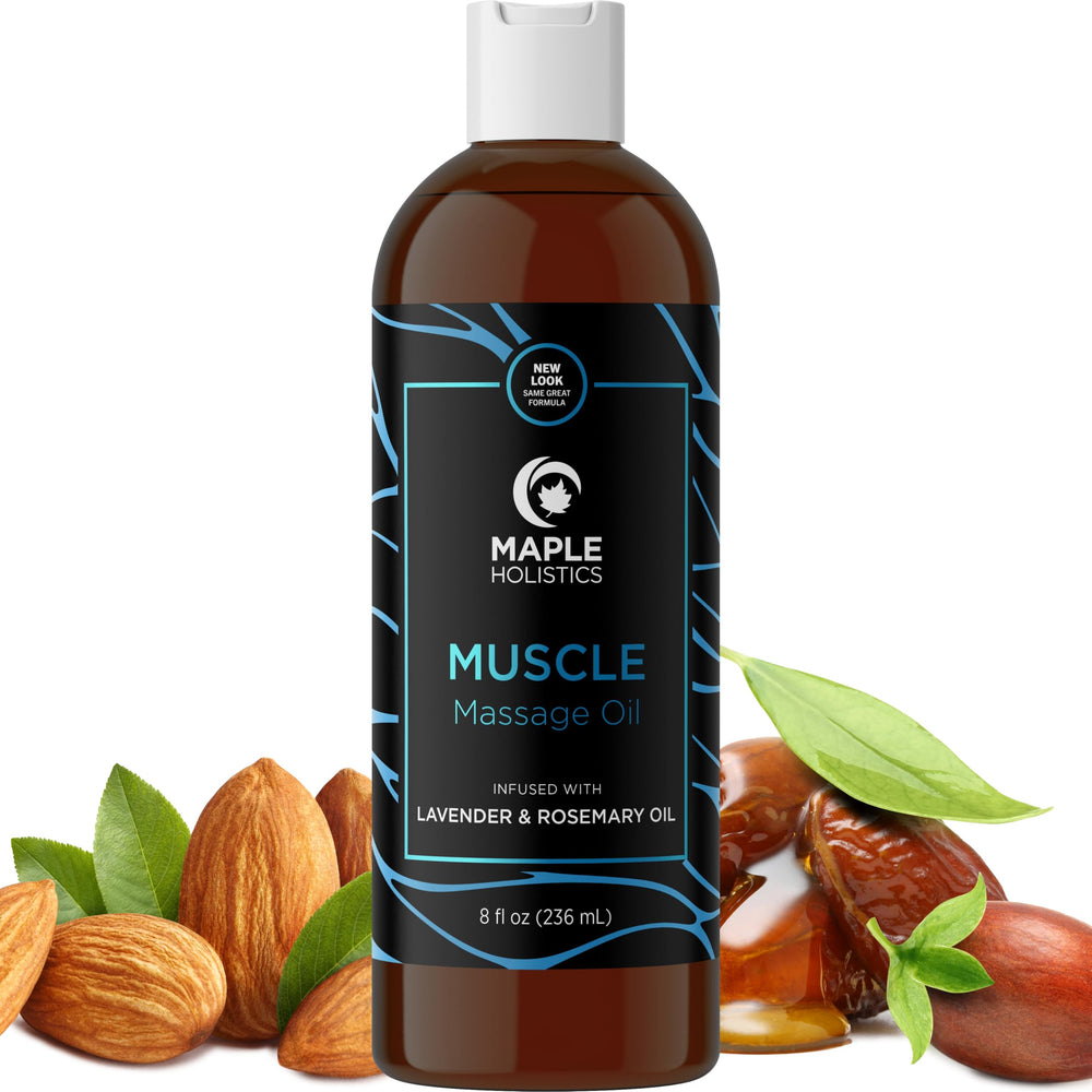 8 oz bottle of Muscle Massage Oil with Lavender, Lemon, and Rosemary