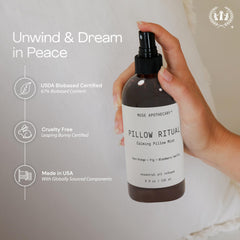 Flat lay: pillow, linens, and Muse Apothecary Pillow Ritual