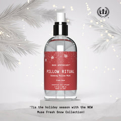 8 oz bottle of Pillow Ritual Fresh Snow ready for use on bed or linens
