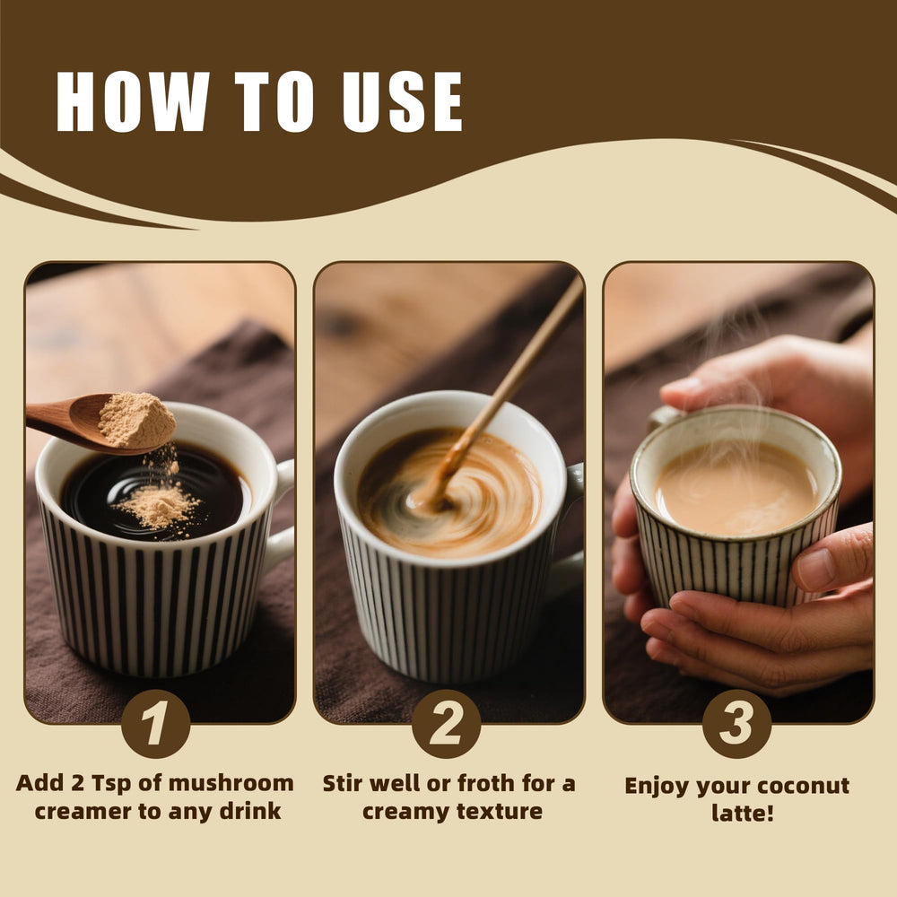 Serving suggestions: coffee, tea, or smoothies with Mushroom Coconut Creamer
