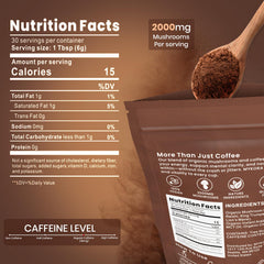Close-up of organic Arabica beans with mushroom powder scoop