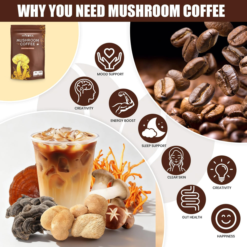 Scoop of MYKORA mushroom coffee being poured into a cup