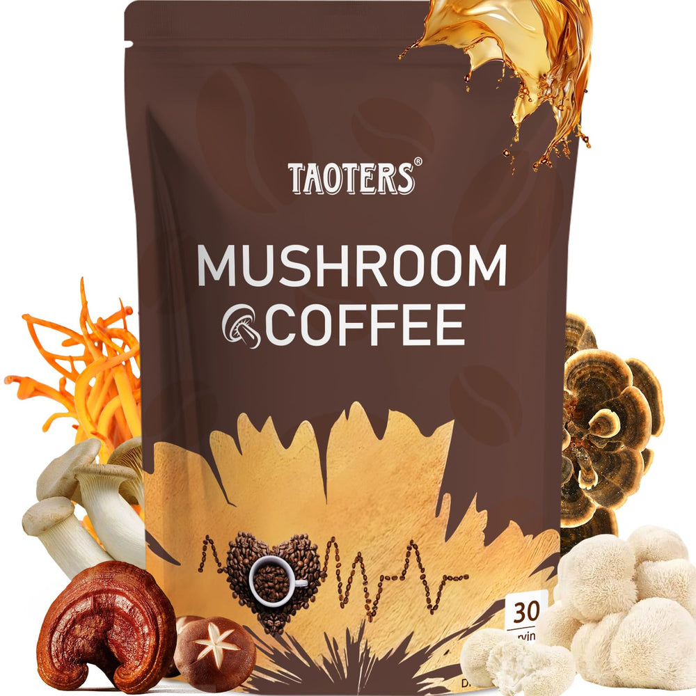Mushroom coffee with six adaptogenic mushrooms: Cordyceps, Reishi, Lion's Mane, Shiitake, Turkey Tail, and King Trumpet
