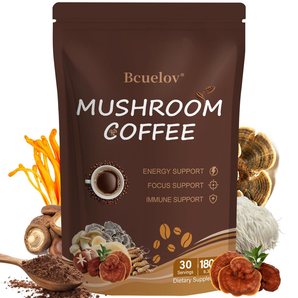 Mushroom coffee blend with 6 adaptogenic mushrooms and MCT oil.