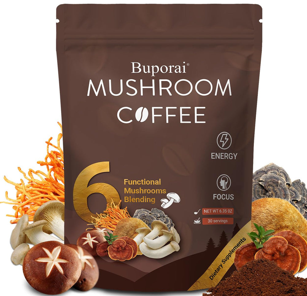 Front packaging of Mushroom Coffee with 6 functional mushrooms