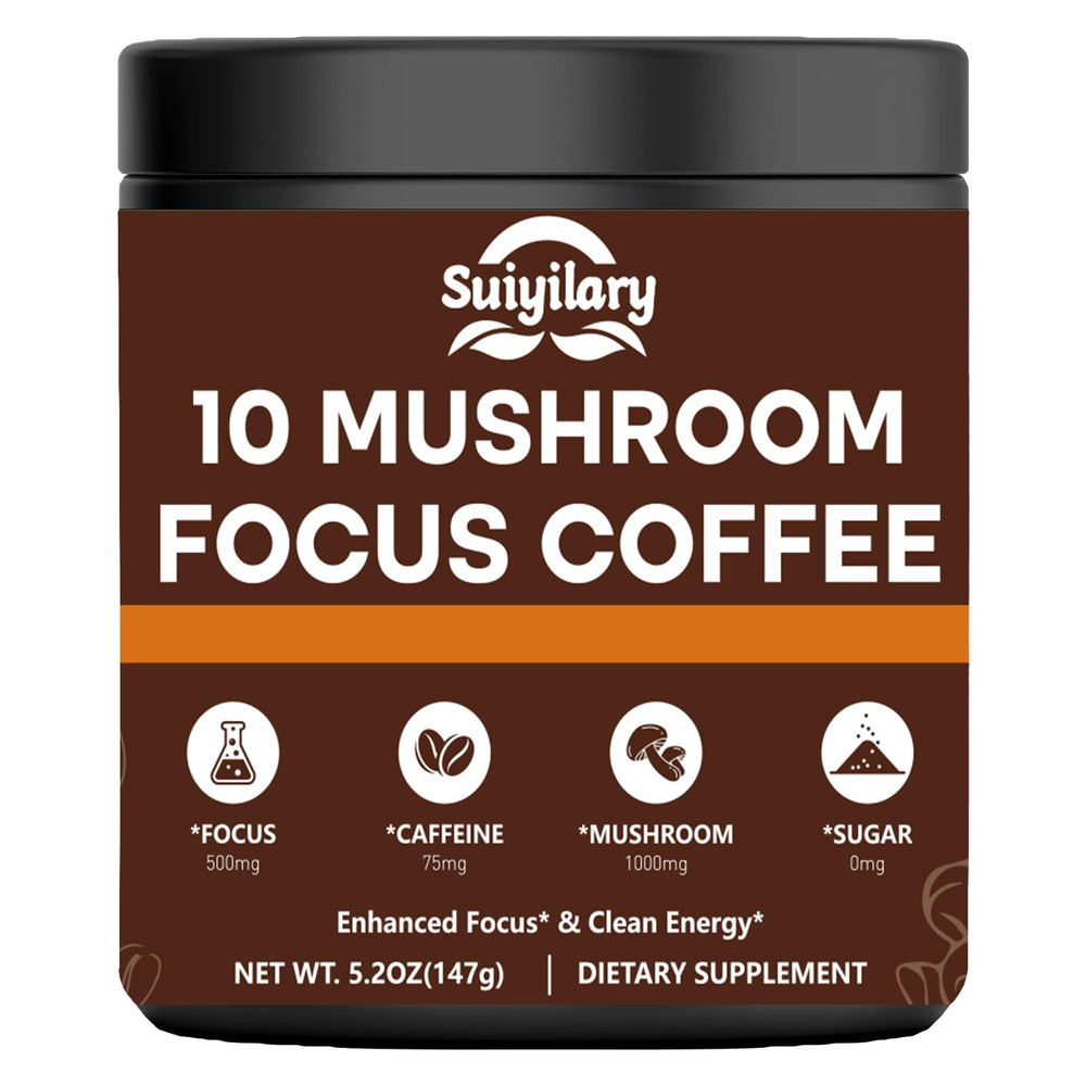 Mushroom coffee powder with ten-mushroom blend in a bowl