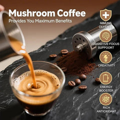 Healthy morning ritual with mushroom coffee featuring Lions Mane, Cordyceps and Chaga