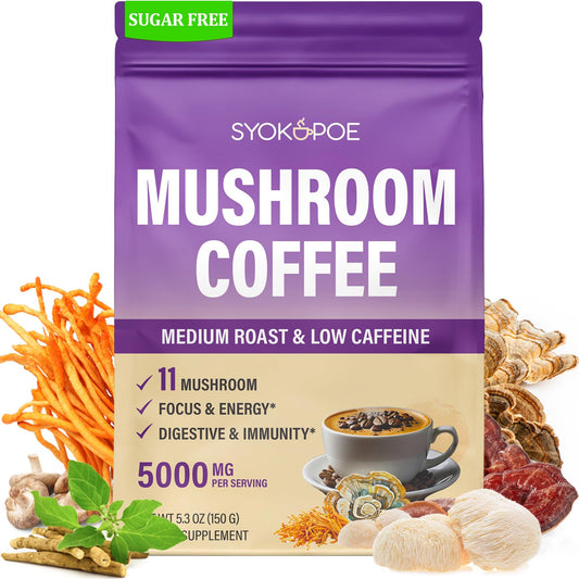 Organic mushroom coffee packaging showing 11 mushrooms and 8 adaptogens
