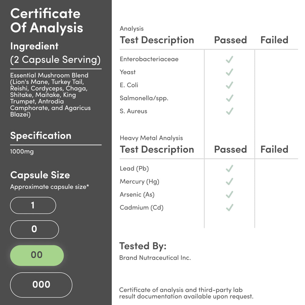 Mushroom Complex nutrition facts and icons including Non-GMO and Gluten-Free