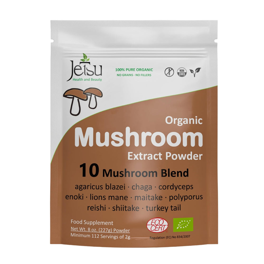 Graphic collage of 10 blend ingredients: Chaga, Maitake, Enoki, Agaricus Blazei, Polyporus Umbellatus