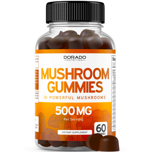 Front view of Mushroom Gummies 10-in-1 bottle with label
