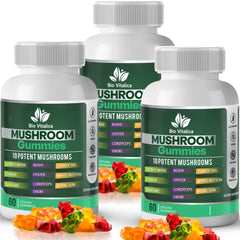 Front view of Mushroom Gummies bottle featuring 10-mushroom complex