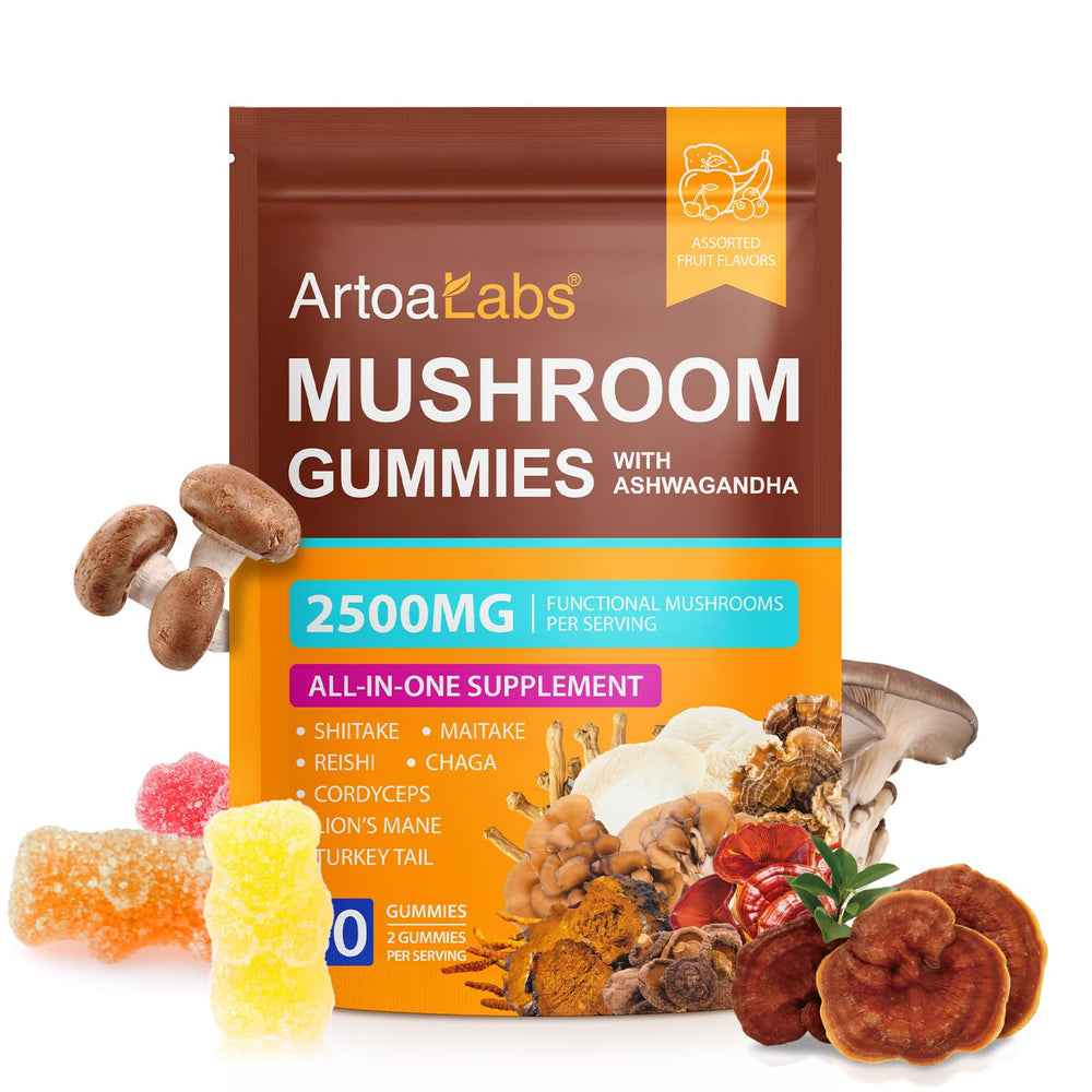 Close-up of Mushroom Gummies 2500mg packaging and gummies