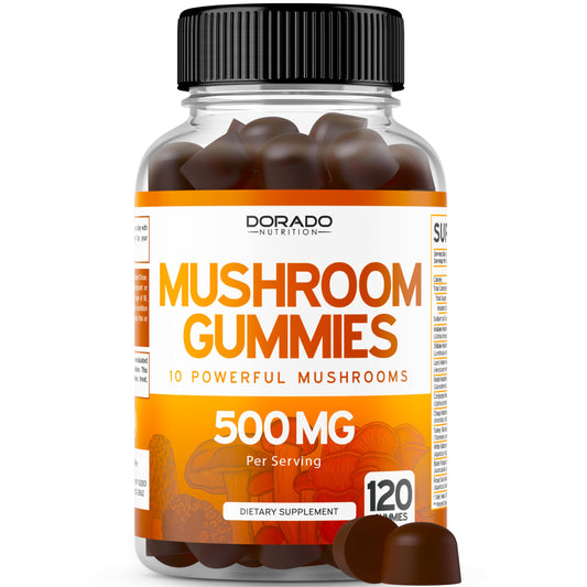 Dorado Nutrition Mushroom Gummies bottle featuring 120 gummies and 10-mushroom blend