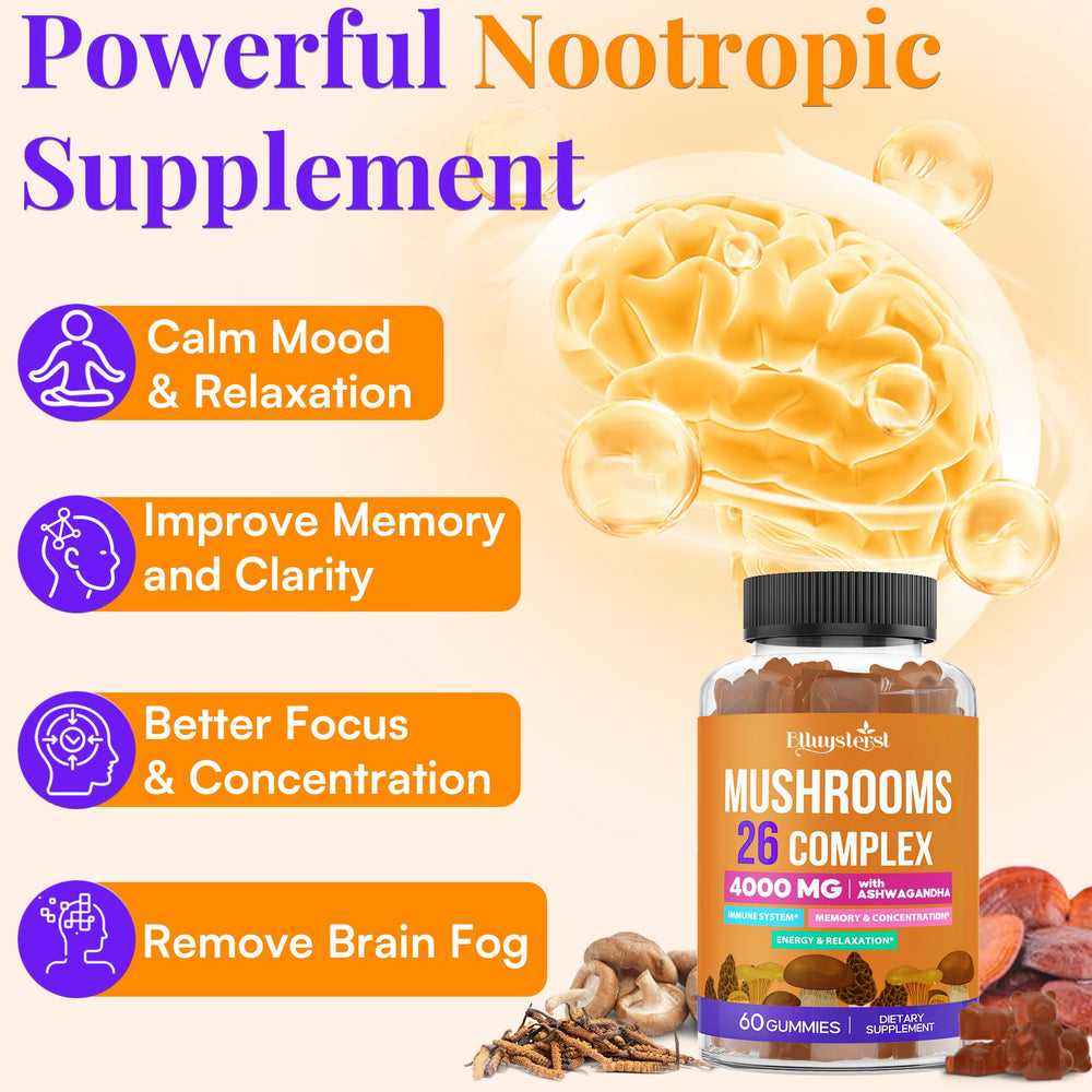 Close-up of the 26-mushroom blend ingredients including Ashwagandha and Lion's Mane