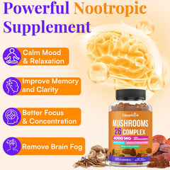 Close-up of the 26-mushroom blend ingredients including Ashwagandha and Lion's Mane