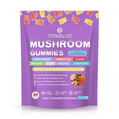 Product image showing mushroom gummies with ashwagandha and Lions Mane