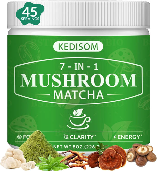 Mushroom Matcha Adaptogenic Blend bottle label with 45 servings