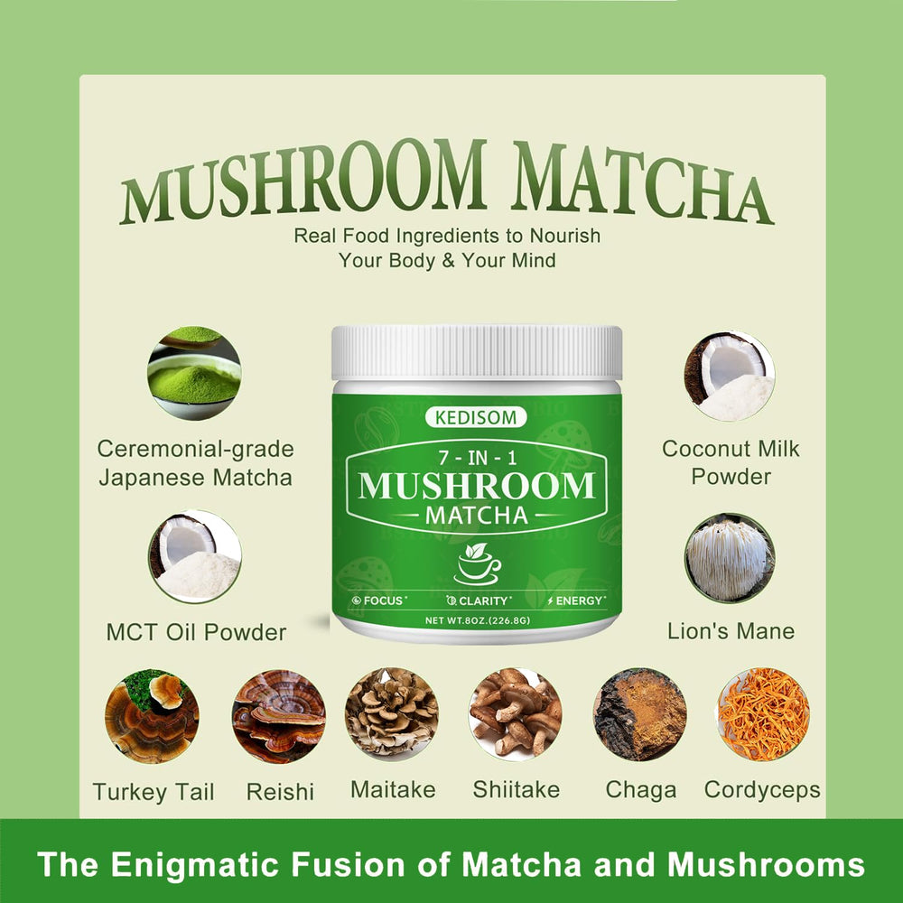 Close-up of mushroom blend with ceremonial-grade matcha powder