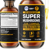 Liquid mushroom supplement bottle featuring Lions Mane, Reishi and Cordyceps