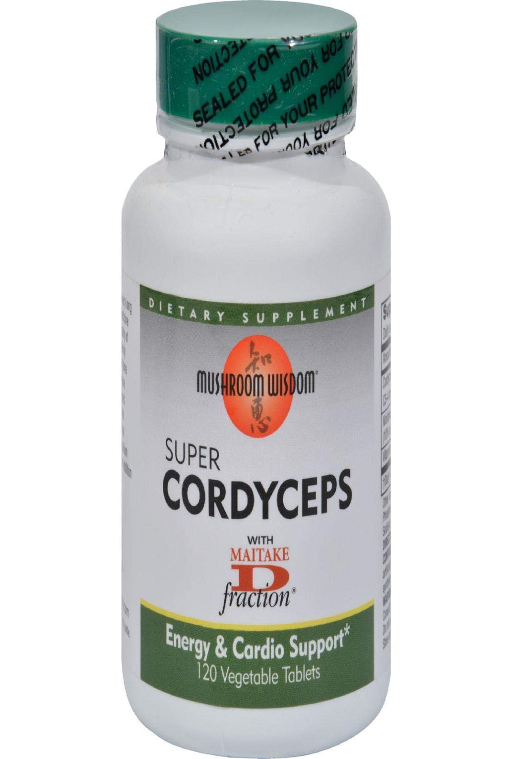 Front packaging of Mushroom Wisdom Super Cordyceps Caplets with Maitake D-fraction
