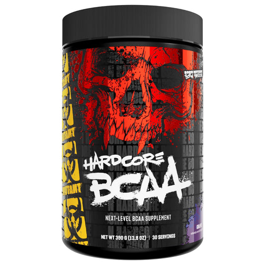 Front view of Mutant Hardcore BCAA Grape bottle