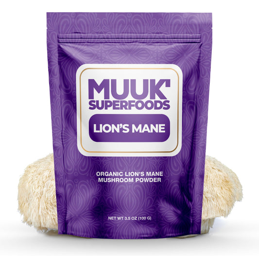 Front packaging of MUUK' SUPERFOODS Pure Organic Lion's Mane Mushroom Powder 100g