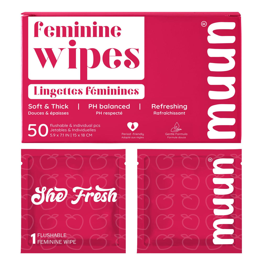 Muun Feminine Wipes box with individually wrapped pouches for on-the-go freshness.