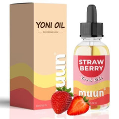 Muun Strawberry Intimate Oil close-up shows natural ingredients and golden glow.