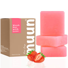 Muun Strawberry Yoni Soap Bar front view shows three-pack for balanced cleansing and subtle strawberry scent.