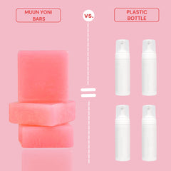 Muun Strawberry Yoni Soap Bar in-use bathroom scene suggests fresh, comfortable cleansing routine.