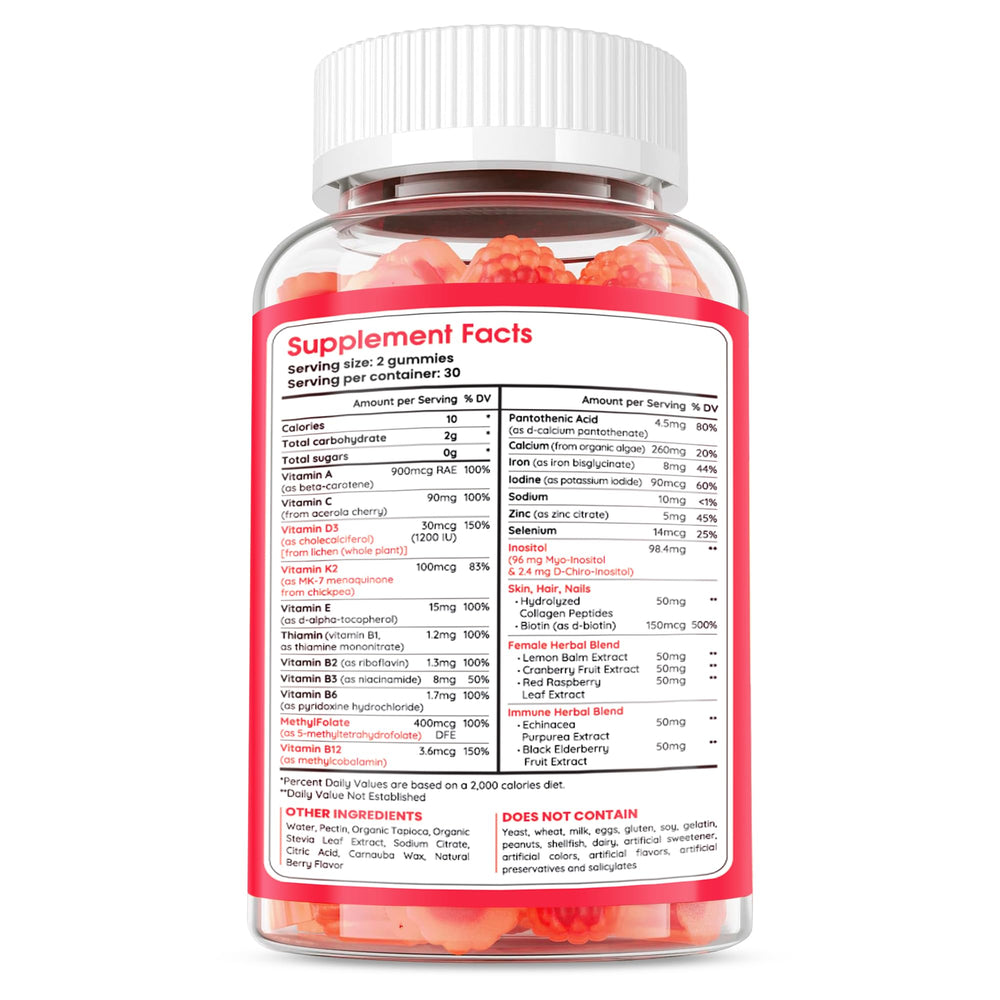 Muun Women's Multivitamin Gummy packaging display shows non-GMO, sugar-free promise.