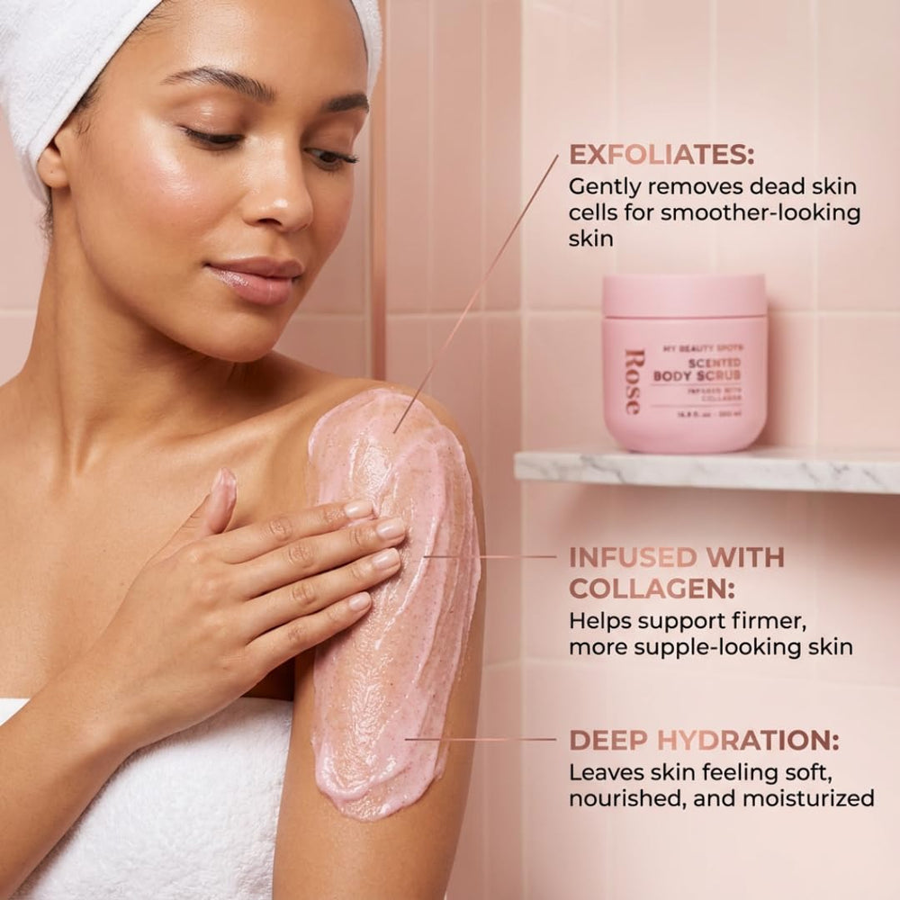 Label close-up showing gentle rose aroma hints for a spa-like routine.