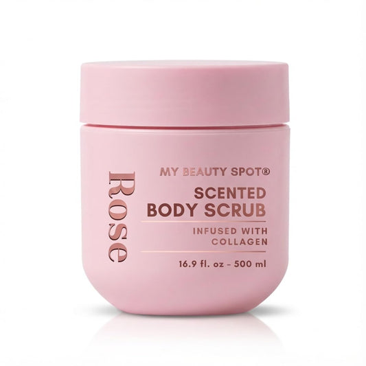 My Beauty Spot Rose Scented Body Scrub packaging view for an at-home spa routine.