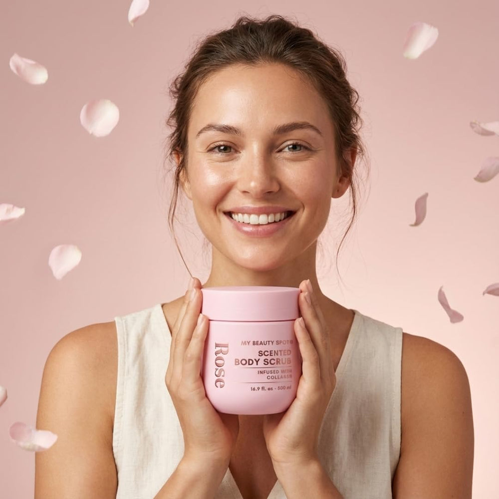 My Beauty Spot Rose Scented Body Scrub texture close-up reveals exfoliating grains.