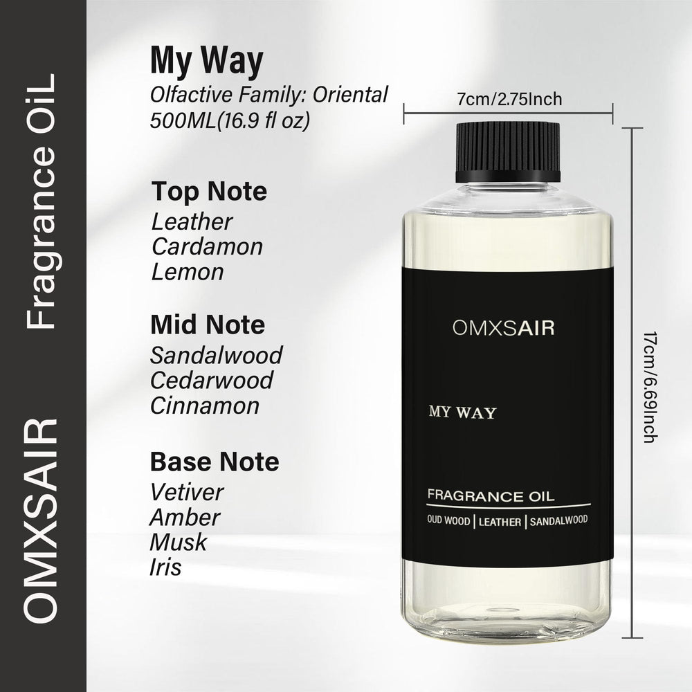 Close-up of the My Way diffuser oil bottle label for premium fragrance.