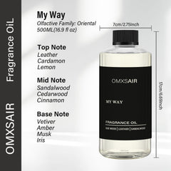Close-up of the My Way diffuser oil bottle label for premium fragrance.
