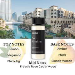 Elegant outer packaging with branding and safety icons for the diffuser oil gift set.