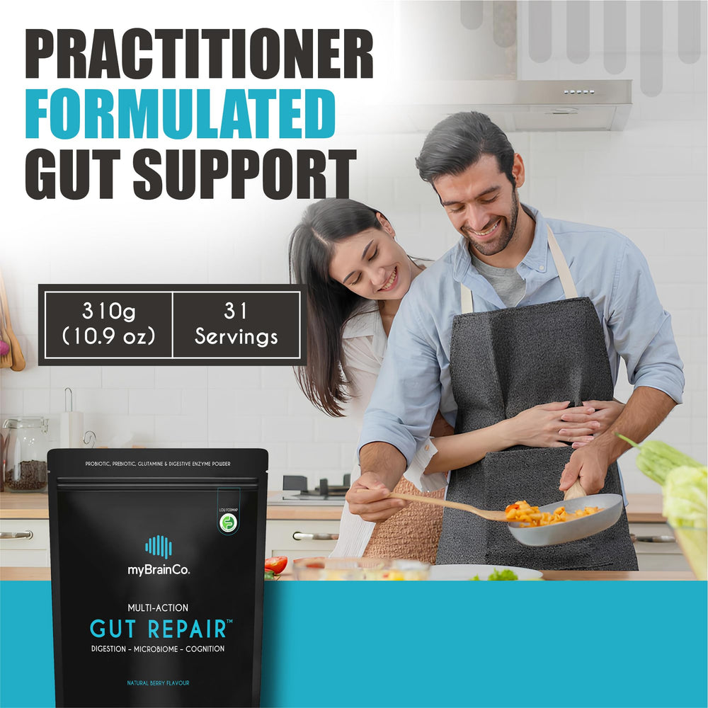 MyBrainCo Gut Repair powder dissolving easily in water for smooth mixing.