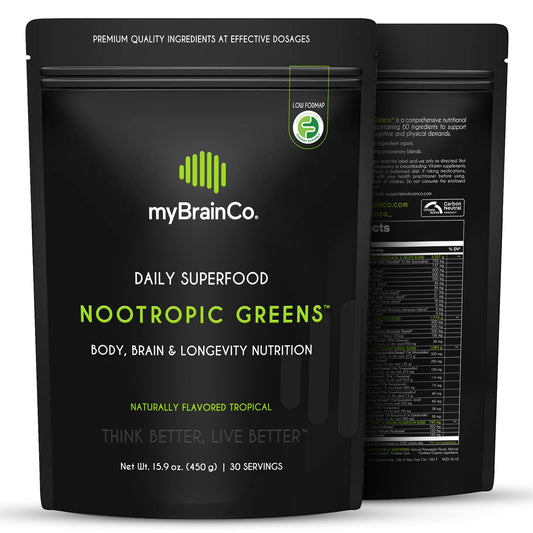 Front view of myBrainCo Nootropic Greens container with label