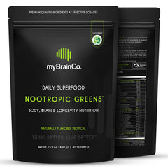 Front view of myBrainCo Nootropic Greens container with label