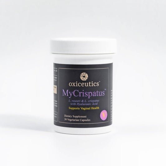 MyCrispatus probiotic oral capsules featuring L. crispatus, L. reuteri LRDR, and hyaluronic acid