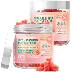 Front view of Myo-Inositol & D-Chiro Inositol Gummies with Ashwagandha bottle