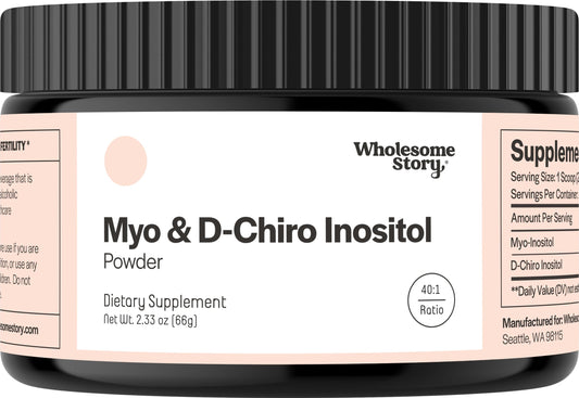 Front view of Myo-Inositol & D-Chiro Inositol powder showing 40:1 ratio, 30 servings