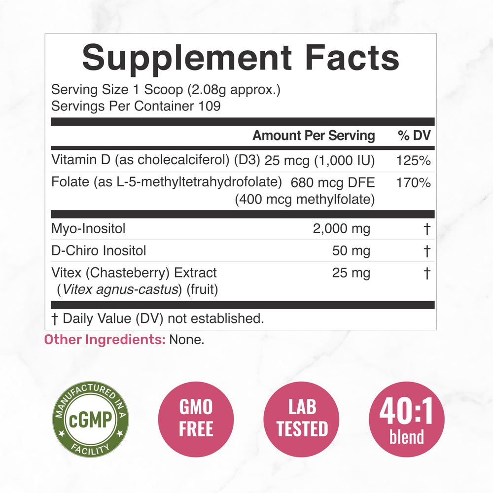Product label highlighting 109 servings per bottle for the 40:1 inositol formula